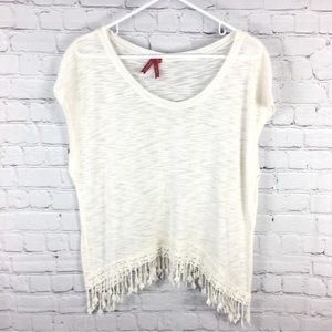 Red camel semi sheer white T-shirt crochet fringe trim XL